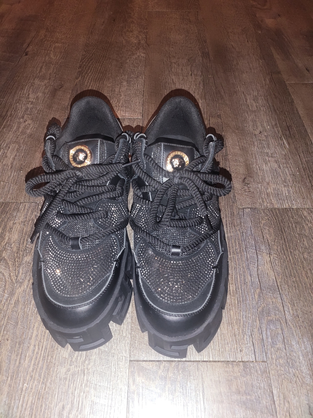 Versace Black Chunky Crystal Embellished Sneakers